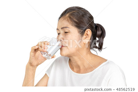 old asian woman drinking plain of water for health 48562519