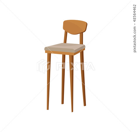 Flat vector of wooden bar stool with backrest and soft seat. Chair with long legs. Furniture for 48564462
