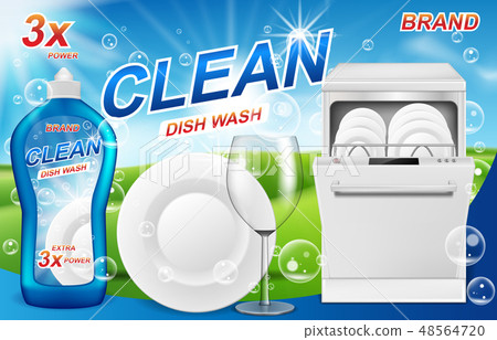 Dish wash soap ads. Realistic plastic dishwashing packaging with detergent gel design. Liquid soap 48564720