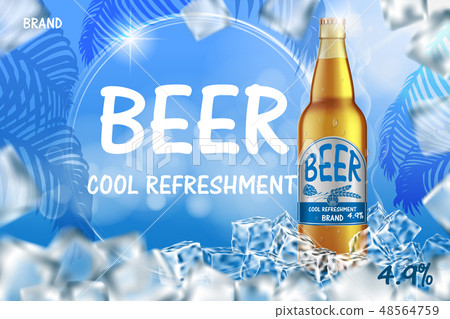 Craft icy beer ads with splashing. Realistic glass beer bottle with ice cubes on shiny summer blue 48564759