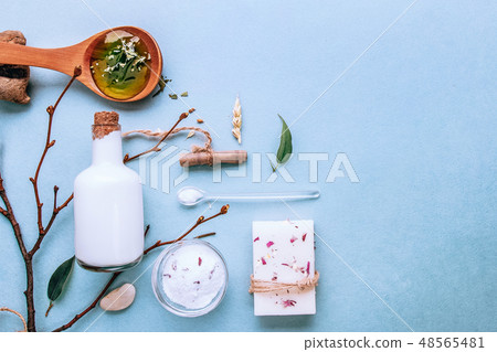 Natural SPA soap from goat milk. Handmade, organic soap, body care. flatlay Natural SPA soap from goat milk. Handmade, organic soap, body care. flatlay 48565481