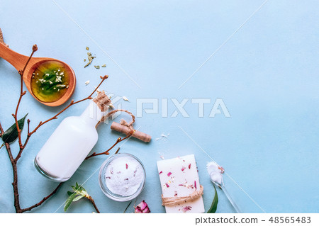 Natural SPA soap from goat milk. Handmade, organic soap, body care. flatlay Natural SPA soap from goat milk. Handmade, organic soap, body care. flatlay 48565483