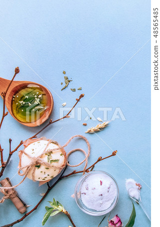 Natural handmade soap, spa organic, aromatic salt. Flat lay on a blue background Natural handmade soap, spa organic, aromatic salt. Flat lay on a blue background 48565485