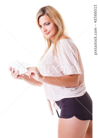 Young woman with tablet isolated Young woman with tablet isolated 48566015