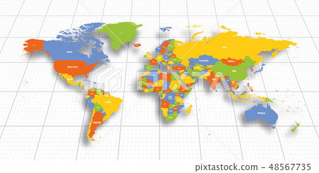 Colorful geopolitical map of World. Bottom perspective view with background grid. Vector 48567735