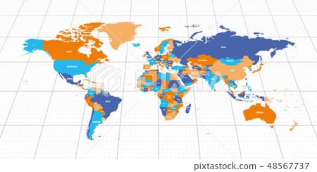 Colorful geopolitical map of World. Bottom perspective view with background grid. Vector 48567737