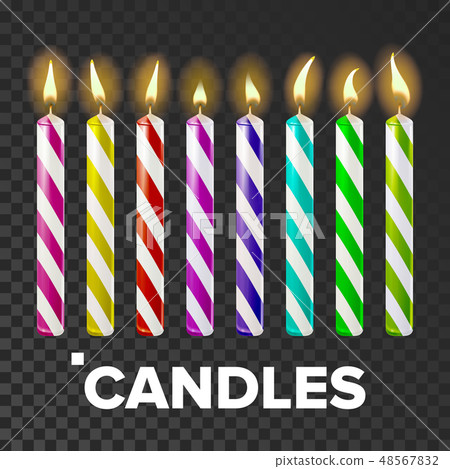 Candles Set Vector. Cake. Fire Light. Lit Wick. Glow Cake. Transparent Background. Isolated Candles Set Vector. Cake. Fire Light. Lit Wick. Glow Cake. Transparent Background. Isolated 48567832