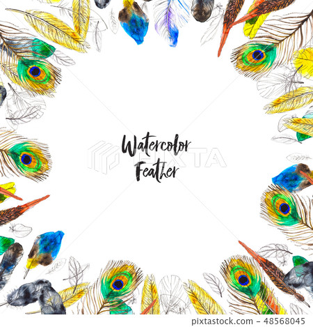 Watercolor frame with colorful feathers on... - Stock Illustration ...