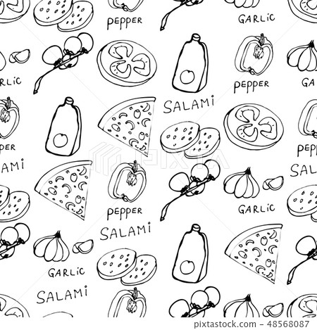 Seamless pattern with hand drawn pizza slices. 48568087