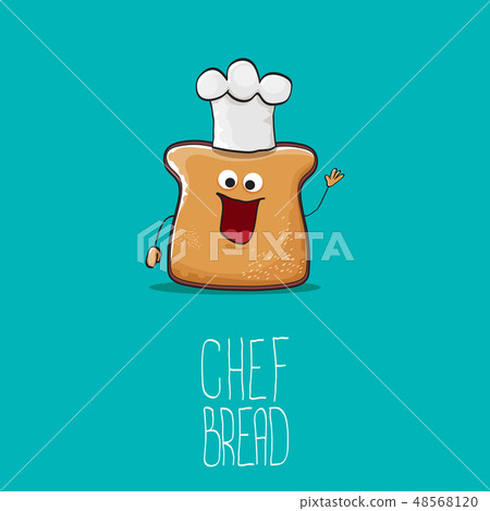 vector funky cartoon cute bread chef character with white chef hat isolated on turquoise background vector funky cartoon cute bread chef character with white chef hat isolated on turquoise background 48568120