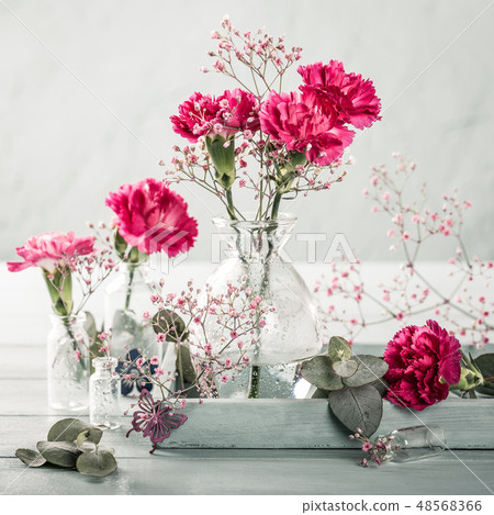 Bouquet of pink carnation on light turquoise wooden background 48568366