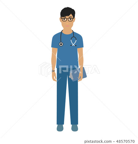 Vector portrait of a young doctor with glasses. A male doctor with a stethoscope. A man in a medical Vector portrait of a young doctor with glasses. A male doctor with a stethoscope. A man in a medical 48570570