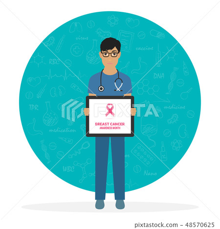 Male doctor pointing at medical clipboard. 4 February world cancer day horizontal poster. Vector Male doctor pointing at medical clipboard. 4 February world cancer day horizontal poster. Vector 48570625