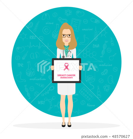 Female doctor pointing at medical clipboard. 4 February world cancer day horizontal poster. Vector 48570627