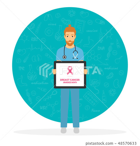 Illustration of breast cancer doctor, awareness ribbon, vector illustration 48570633