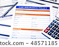 Car Insurance Policy. Documents, Pen and Calculator on Table 48571185