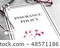 Health Insurance Policy. Stethoscope, Glasses, Dollars on Table 48571186