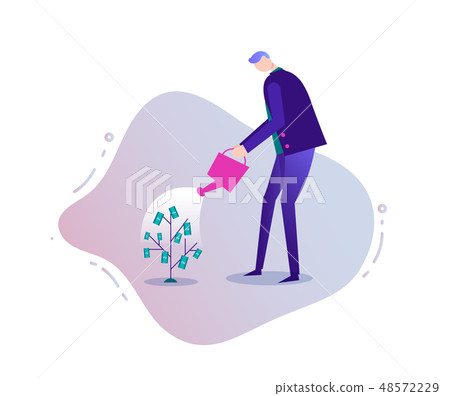 Vector business illustration, stylized character. Investment concept, businessman growing money tree Vector business illustration, stylized character. Investment concept, businessman growing money tree 48572229