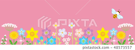 Spring flowers and bees pink background background Horizontal Spring flowers and bees pink background background Horizontal 48573557