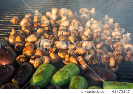Mushroom barbecue roasted on metal grill. Diet vegan bbq. Fungi kebab closeup at picnic outdoors Mushroom barbecue roasted on metal grill. Diet vegan bbq. Fungi kebab closeup at picnic outdoors 48575307
