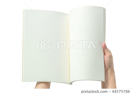 Blank open book mockup template in woman hands Blank open book mockup template in woman hands 48575786