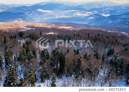 Beautiful distant winter mountains landscape with mist 48575855
