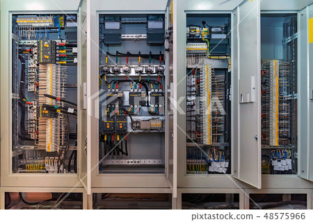 Open circuit board connection or eletrical panel in modern building 48575966