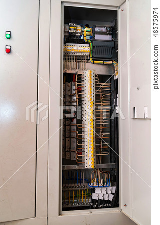 Open circuit board connection or eletrical panel in modern building 48575974