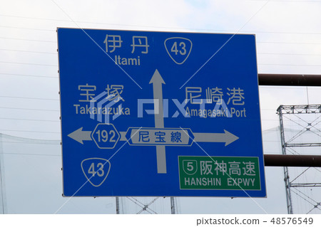 尼崎運河，物流沿阪神Nagisa走廊信息標誌表明站立在一個大廈前面的目的地 48576549
