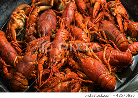 boiled crayfish on an iron plate. boiled crayfish on an iron plate. 48576656