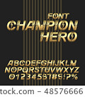 Champion Super hero font alphabet. 3D gold metallic letters and numbers. 48576666