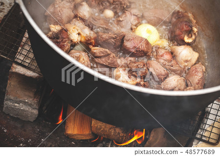 Lamb pieces and vegetables on fire Lamb pieces and vegetables on fire 48577689