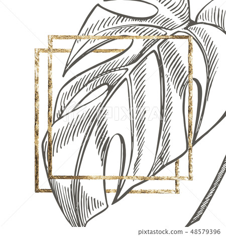 Summer tropical leaves design with gold frame. Floral background illustration. Invitation or card 48579396