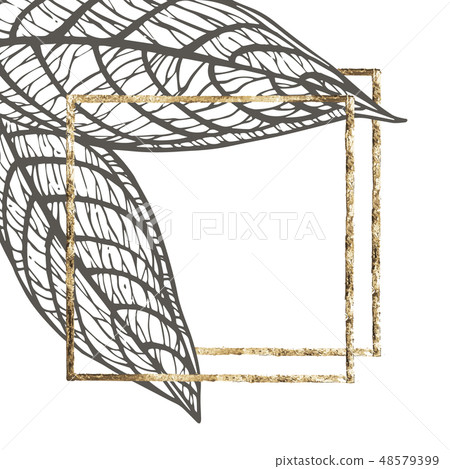 Summer tropical leaves design with gold frame. Floral background illustration. Invitation or card 48579399