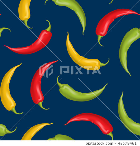 Realistic Detailed 3d Whole Hot Chili Pepper Seamless Pattern Background. Vector Realistic Detailed 3d Whole Hot Chili Pepper Seamless Pattern Background. Vector 48579461