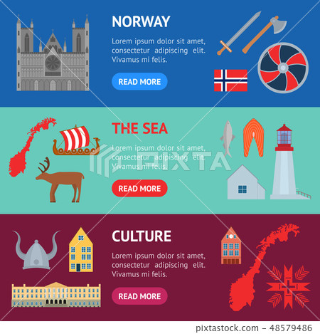 Cartoon Norwegian Travel and Tourism Banner Horizontal Set. Vector 48579486