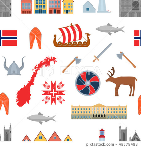 Cartoon Norwegian Travel and Tourism Seamless Pattern Background. Vector 48579488