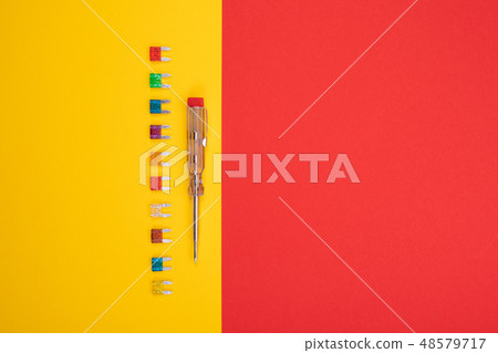 Set of electrical tool on colorful background 48579717