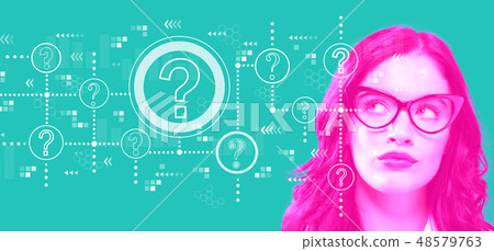 Question marks with young businesswoman Question marks with young businesswoman 48579763