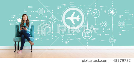 Airplane travel theme with young woman Airplane travel theme with young woman 48579782