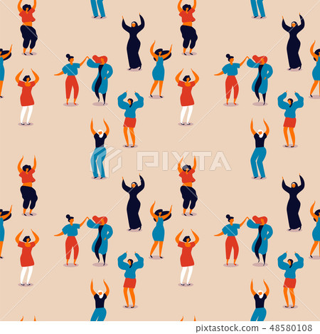 Womens Day seamless pattern of happy women dancing Womens Day seamless pattern of happy women dancing 48580108