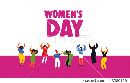 Happy Womens day card with diverse women dancing 48580119
