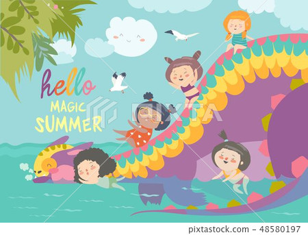 Kids playing with cute dragon at waterpark in summer vacation 48580197