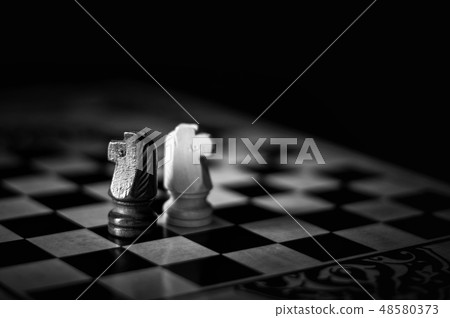 chess pieces on the Board, black and white photo 48580373