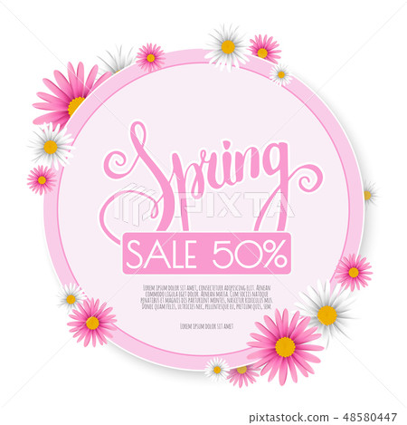 Spring sale banner with paper flowers on a white background. Spring sale banner with paper flowers on a white background. 48580447