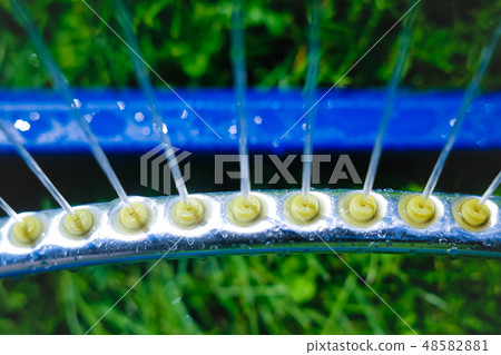 Lawn sprinkler spaying water over green grass 48582881