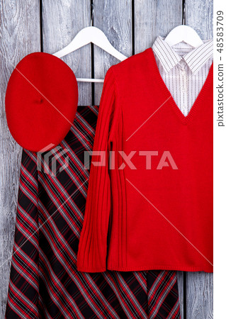 Set of feminine clothes, wooden background. Set of feminine clothes, wooden background. 48583709
