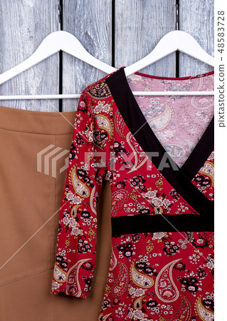 Female apparel hanging on hanger. 48583728