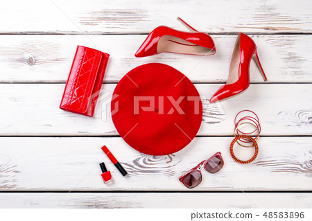 Collage of female red fashion accessories. Collage of female red fashion accessories. 48583896
