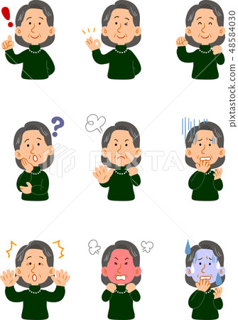 綠色毛衣的高級婦女9種姿勢設置上身 綠色毛衣的高級婦女9種姿勢設置上身 48584030